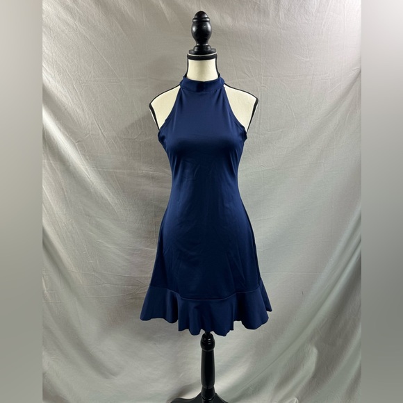 Navy Halter Neck Ruffle Hem Swing Dress - Picture 6 of 8